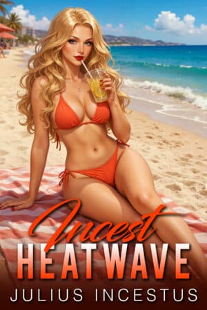 Book cover of Incest Heatwave by Julius Incestus featuring a blonde woman in an orange bikini relaxing on a sunny beach while drinking lemonade.