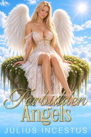 Forbidden Angels by Julius Incestus book cover featuring a blonde angel with white feathered wings in a floral white dress against a bright blue sky.
