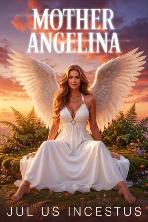 Mother Angelina fantasy romance book cover featuring a beautiful winged angel woman in a white dress at sunset, by Julius Incestus