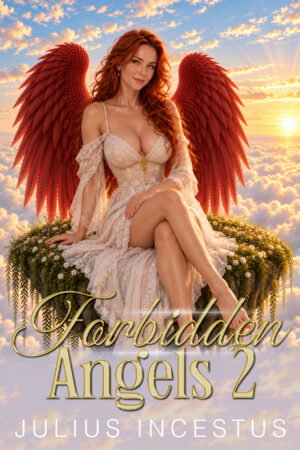 Book cover for Forbidden Angels 2 by Julius Incestus. A smiling red-haired angel with large crimson wings sits on a small floating island of grass, hanging vines, and white daisies above a sunset sky of clouds. She wears a low-cut cream lace dress with off-shoulder sleeves and gold jewelry. Gold script title text appears below her.